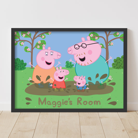 Peppa Pig Print - Peppa and Family Muddy Puddle Personalised Name Poster Wall Art