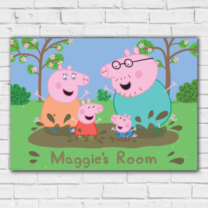 Peppa Pig Print - Peppa and Family Muddy Puddle Personalised Name Poster Wall Art