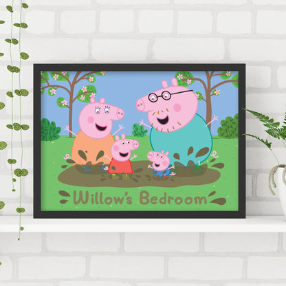 Peppa Pig Print - Peppa and Family Muddy Puddle Personalised Name Poster Wall Art