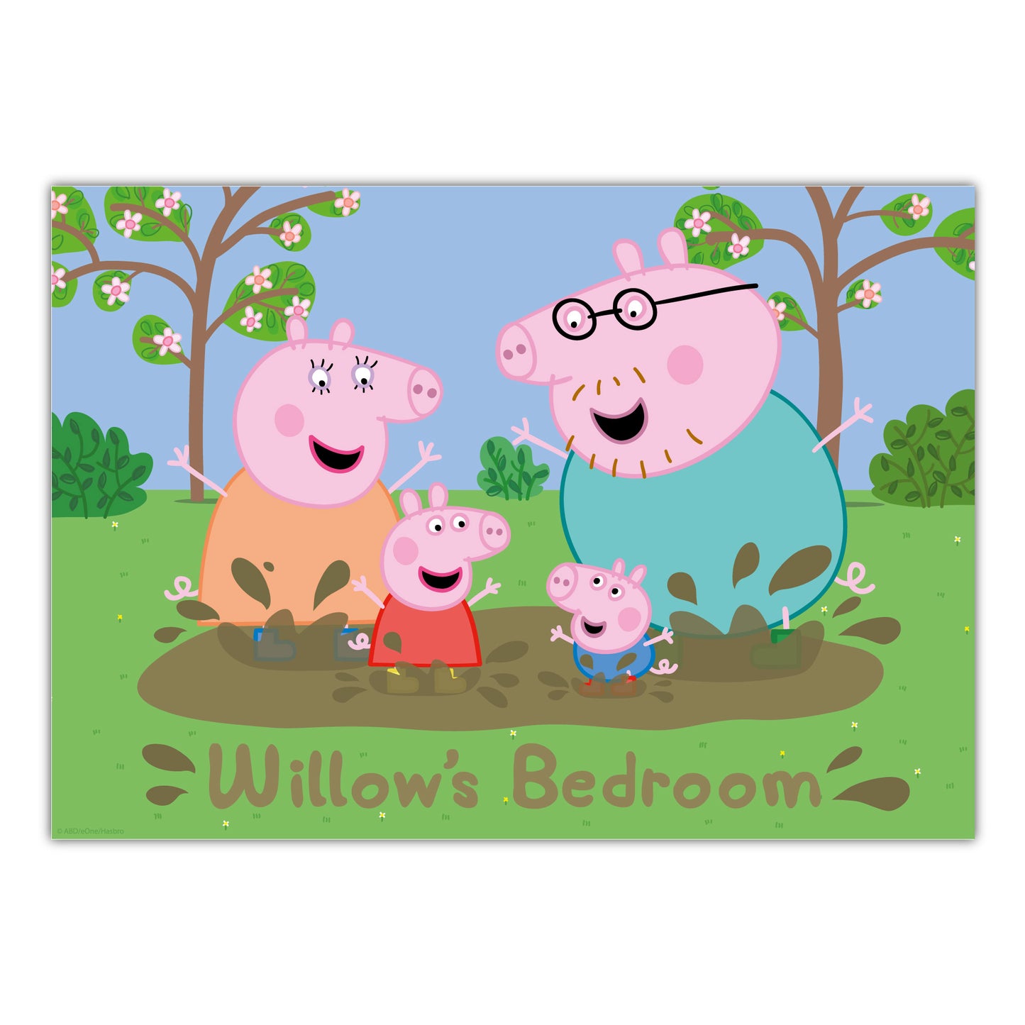 Peppa Pig Print - Peppa and Family Muddy Puddle Personalised Name Poster Wall Art