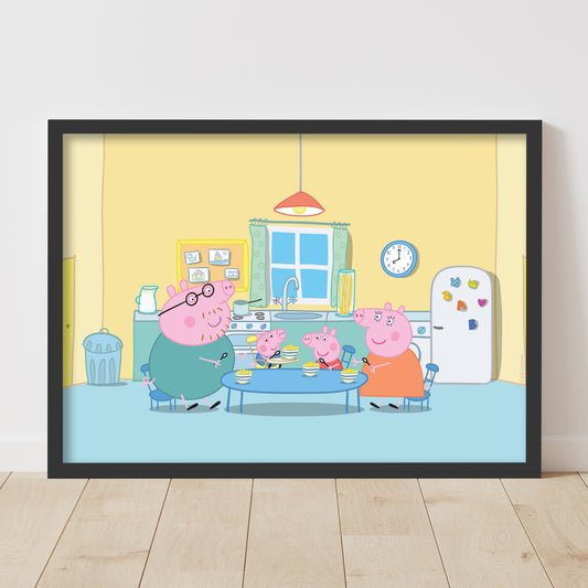 Peppa Pig Print - Peppa and Family in Kitchen Breakfast Scene Poster Wall Art