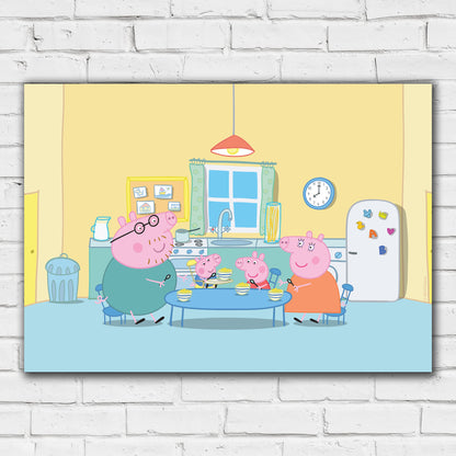 Peppa Pig Print - Peppa and Family in Kitchen Breakfast Scene Poster Wall Art