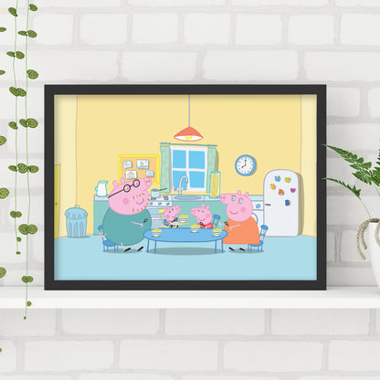 Peppa Pig Print - Peppa and Family in Kitchen Breakfast Scene Poster Wall Art