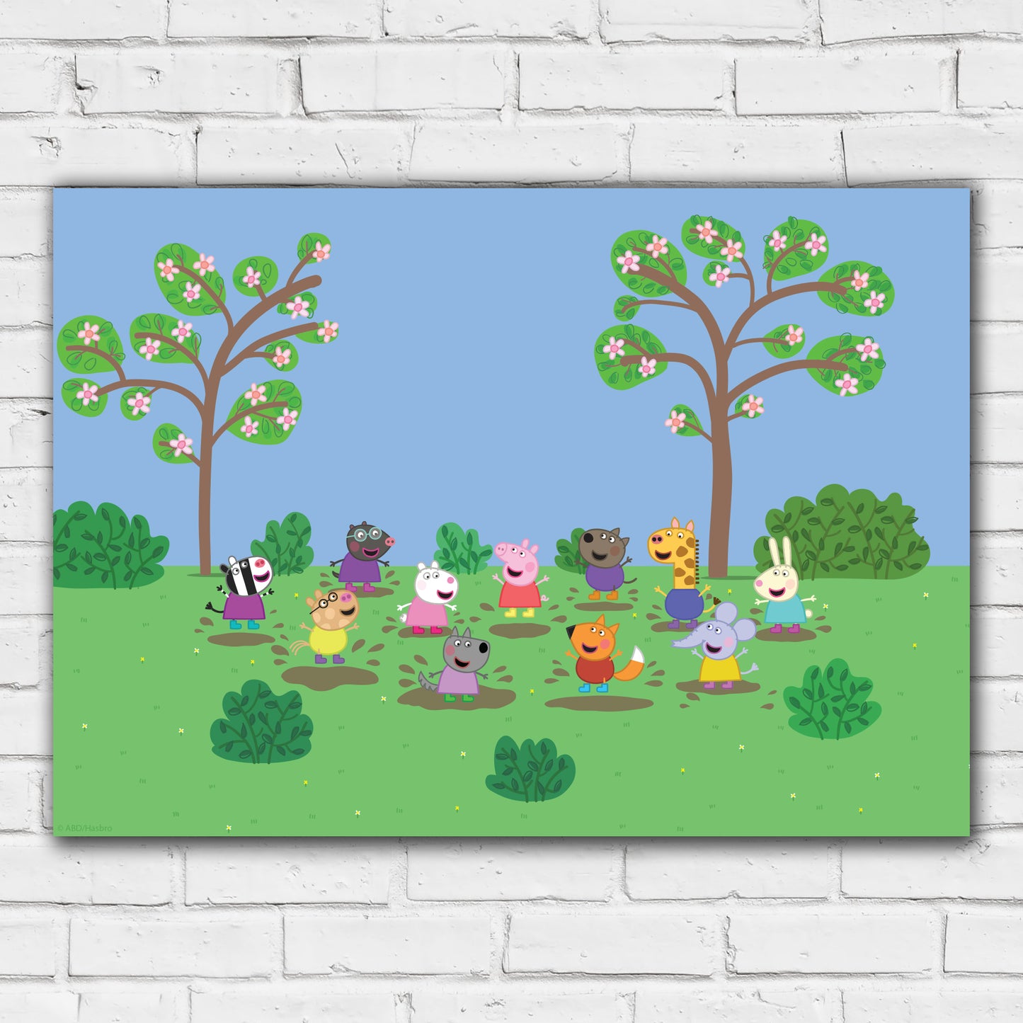 Peppa Pig Print - Peppa and Friends Jumping In Muddy Puddles Scene Poster Wall Art