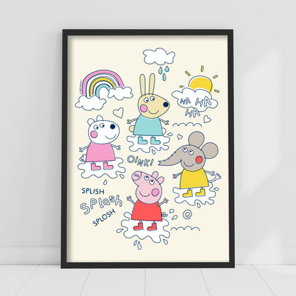 Peppa Pig Print - Peppa and Friends Puddles Doodle Poster Wall Art