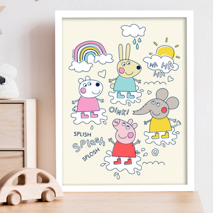 Peppa Pig Print - Peppa and Friends Puddles Doodle Poster Wall Art