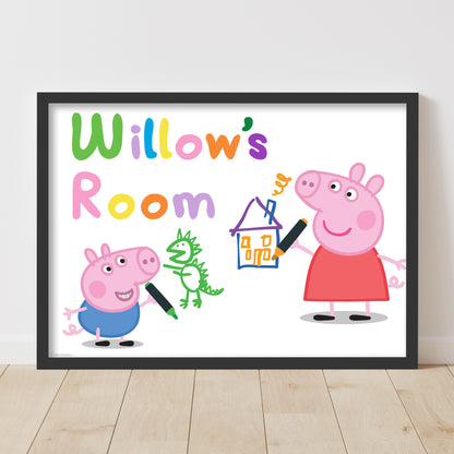 Peppa Pig Print - Peppa and George Drawing Personalised Name Poster Wall Art