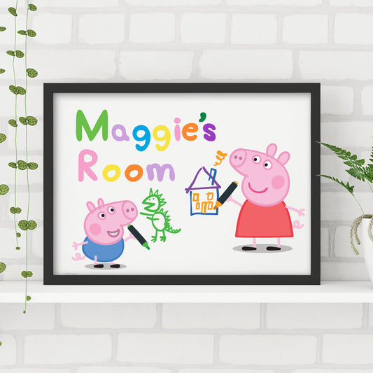 Peppa Pig Print - Peppa and George Drawing Personalised Name Poster Wall Art