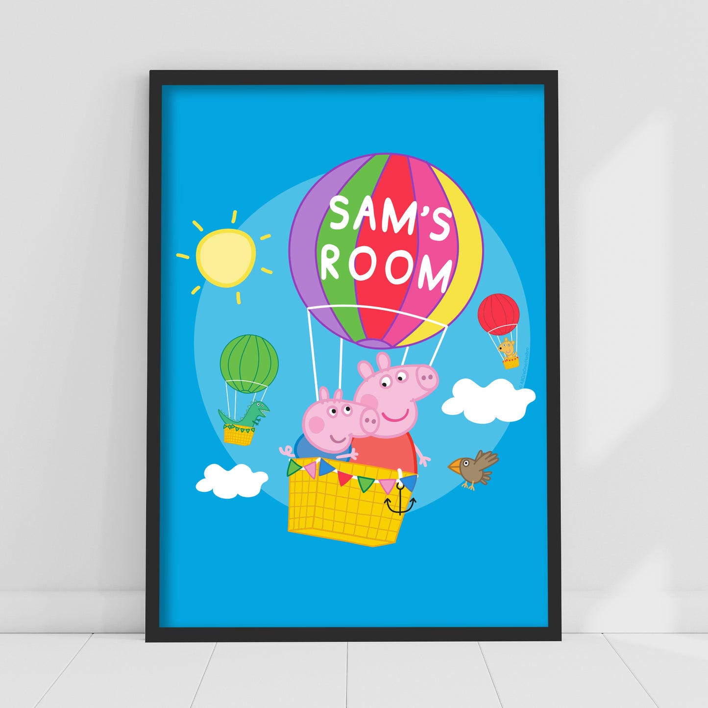 Peppa Pig Print - Peppa and George Hot Air Balloon Personalised Name Poster Wall Art