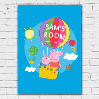 Peppa Pig Print - Peppa and George Hot Air Balloon Personalised Name Poster Wall Art