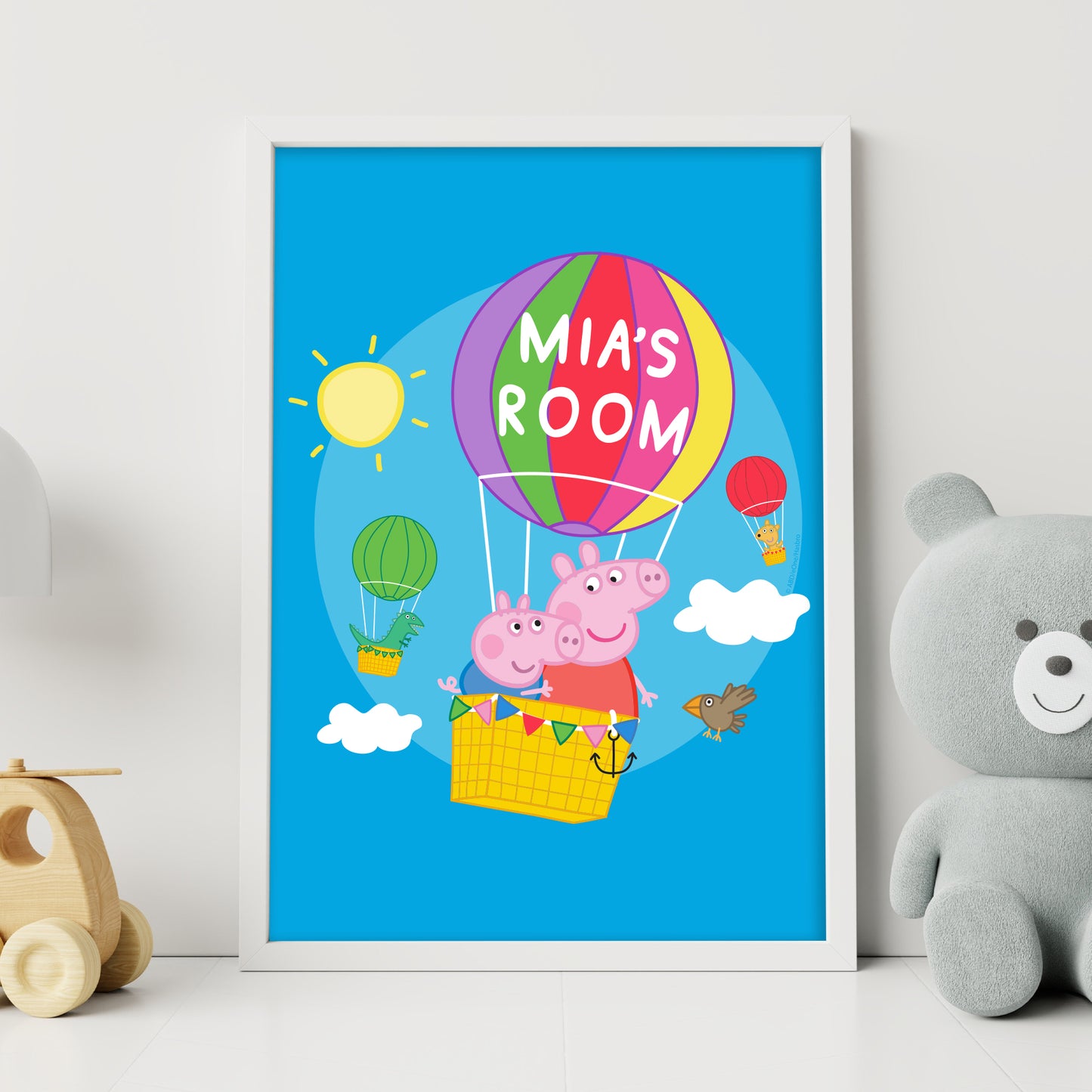 Peppa Pig Print - Peppa and George Hot Air Balloon Personalised Name Poster Wall Art