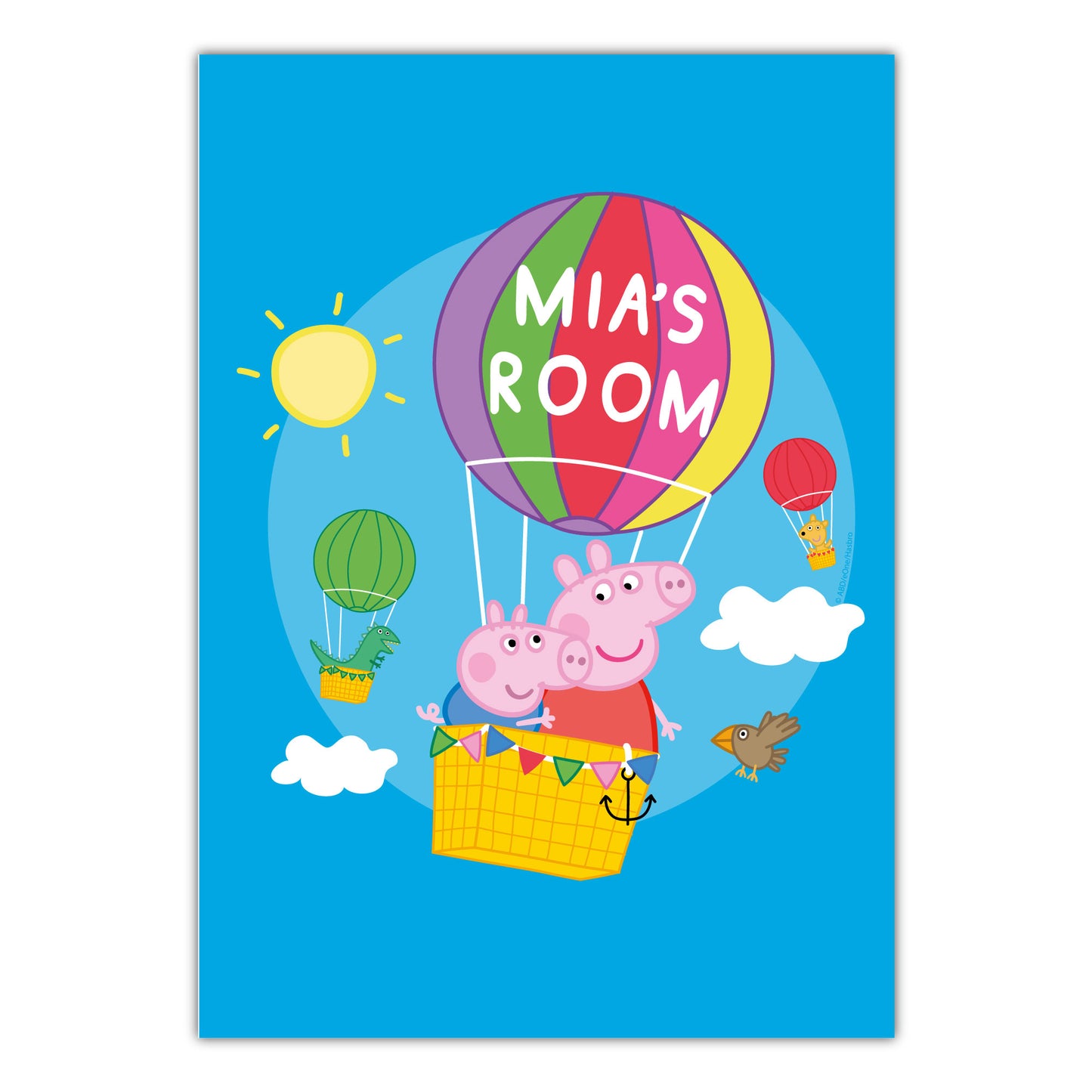 Peppa Pig Print - Peppa and George Hot Air Balloon Personalised Name Poster Wall Art