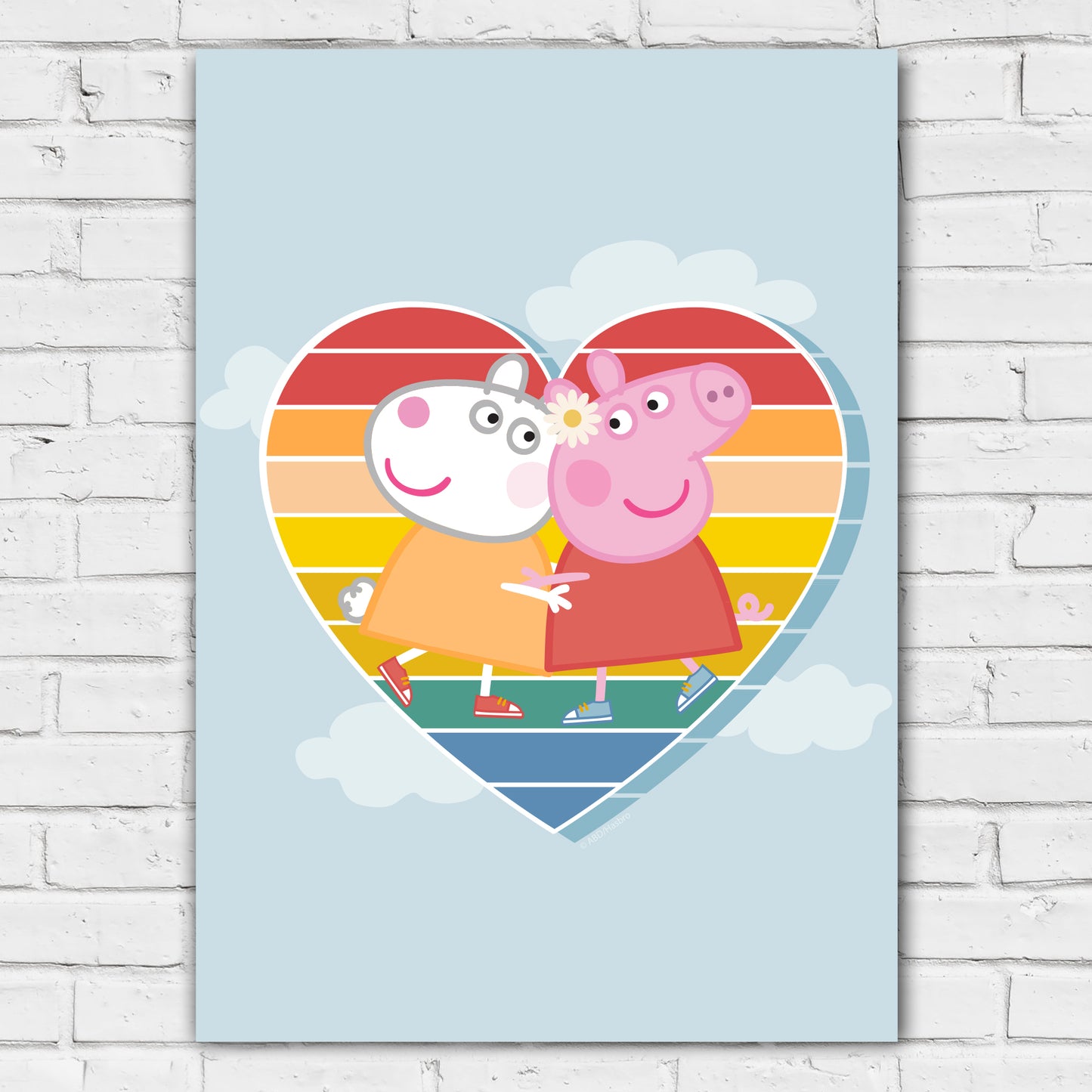 Peppa Pig Print - Peppa and Suzy Rainbow Heart and Clouds Poster Wall Art