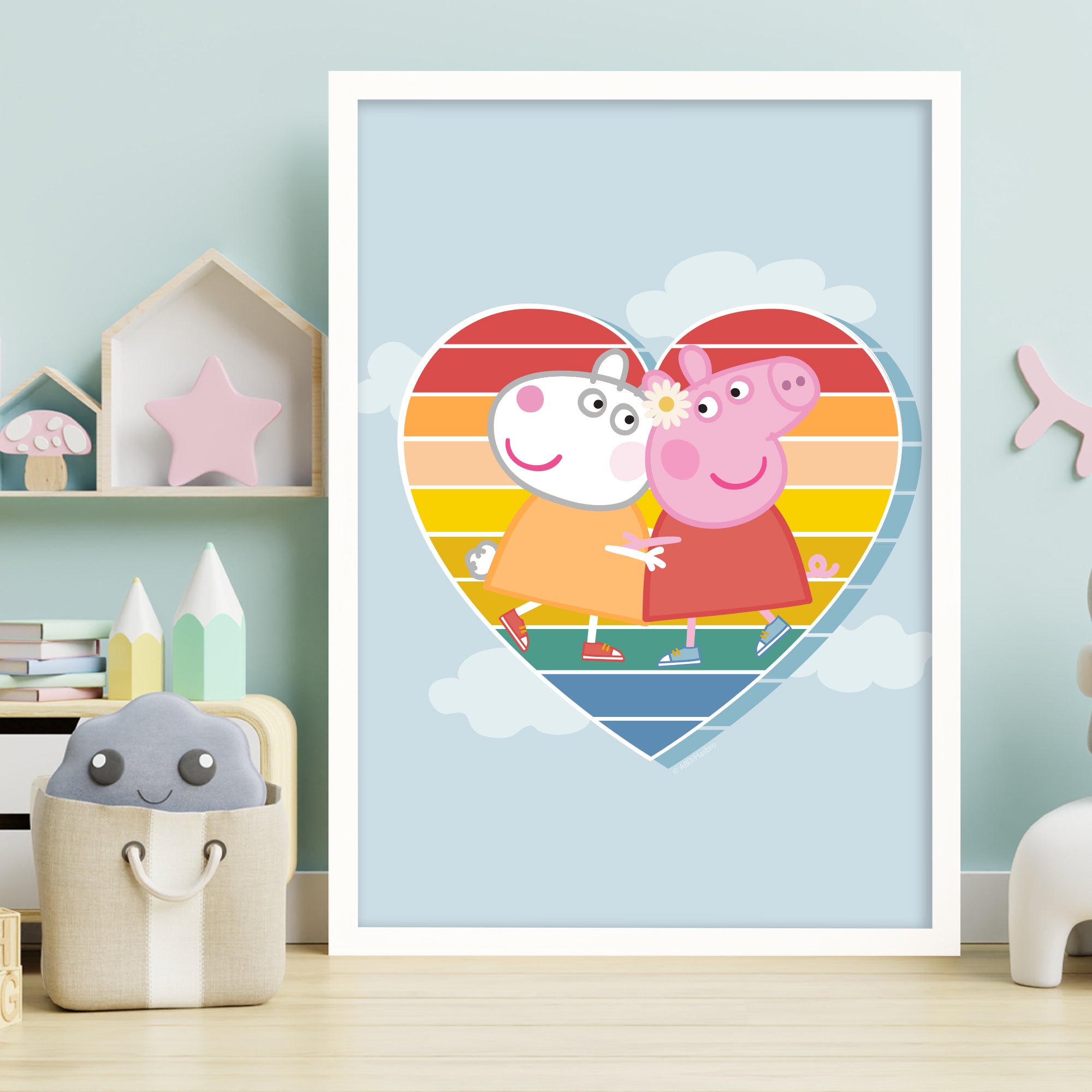 Peppa X Rohan Peppa Pig Print - Peppa and Suzy Rainbow Heart and Clouds Poster Wall ...