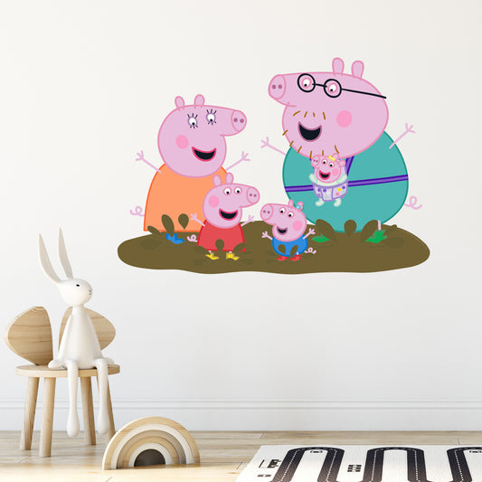 Peppa Pig Wall Sticker - Peppa Pig and Family Jumping in Muddy Puddles