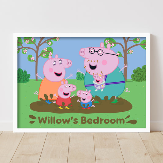Peppa Pig Print - Peppa and Family Muddy Puddle Personalised Name Poster Wall Art