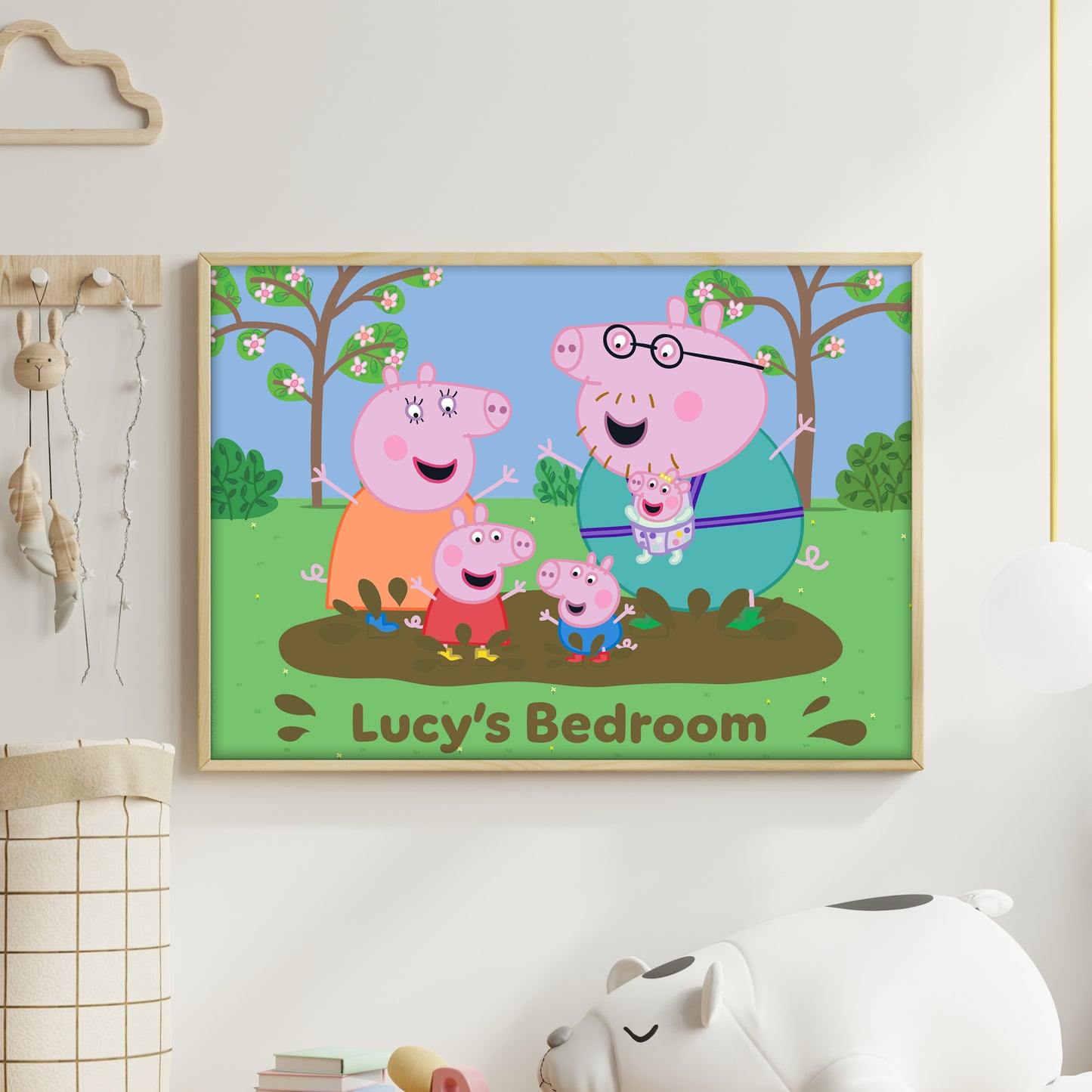 Peppa Pig Print - Peppa and Family Muddy Puddle Personalised Name Poster Wall Art
