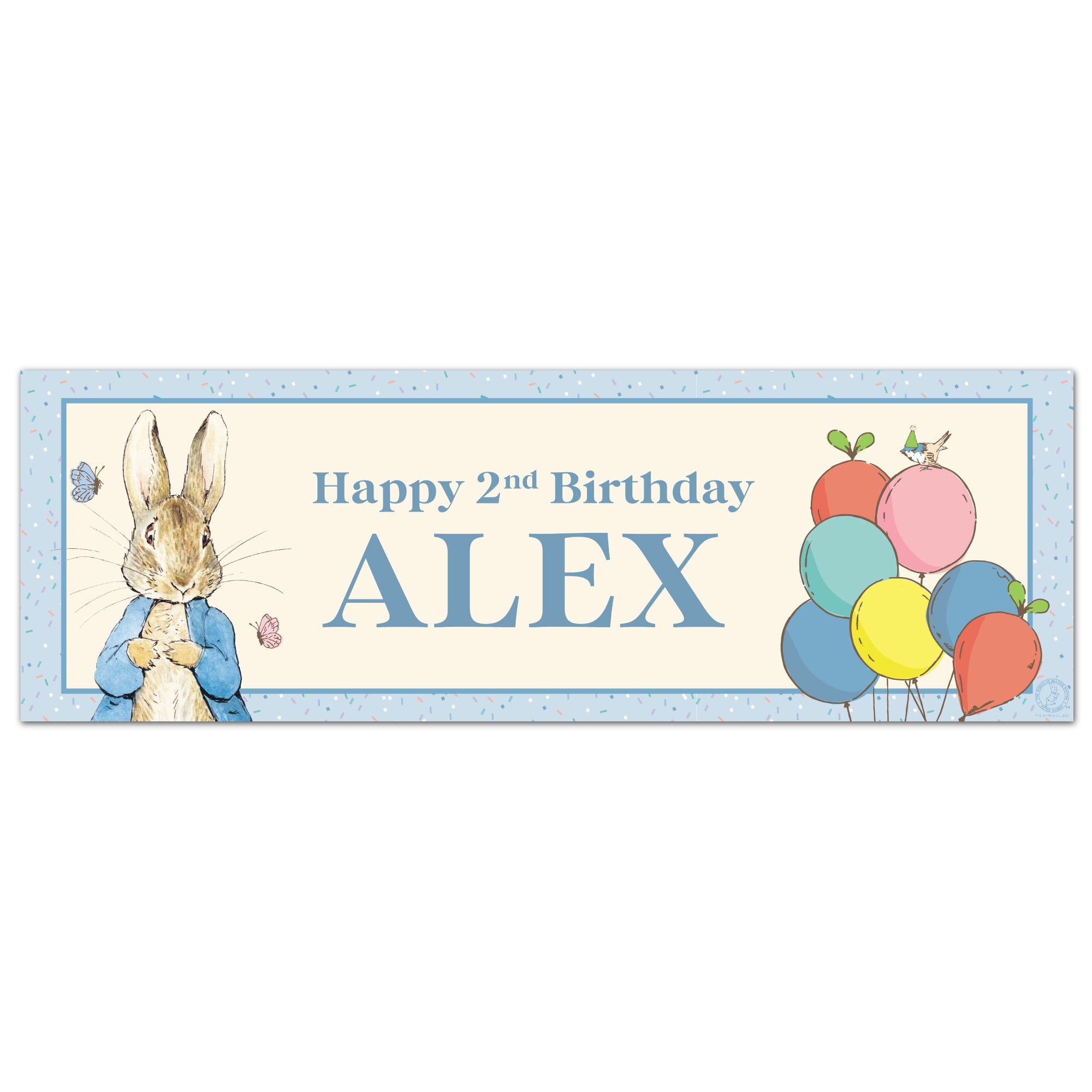 Peter Rabbit Birthday - Blue with Balloons Personalised Name Banner Wa ...