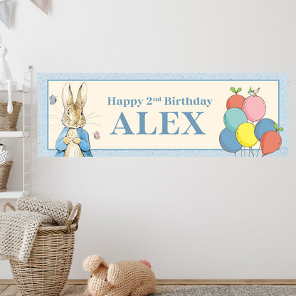 Peter Rabbit Birthday - Blue with Balloons Personalised Name Banner Wall Sticker
