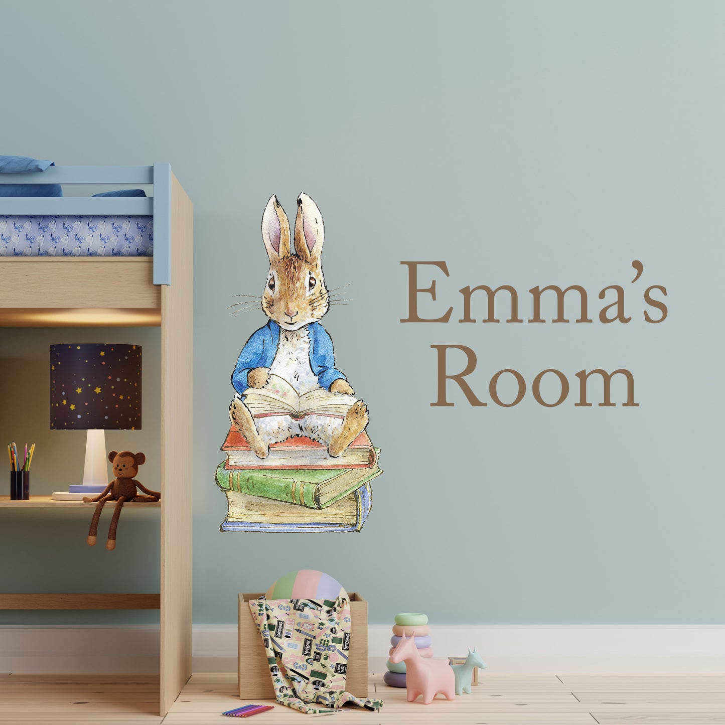 Peter Rabbit Wall Sticker - Peter Rabbit Sitting on Stack of Books Personalised Decal Wall Art