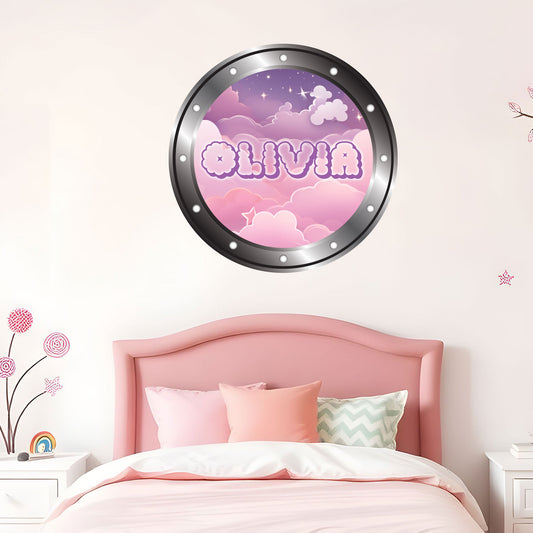 Porthole Wall Sticker - Pink Pastel Clouds Girls Personalised Wall Art
