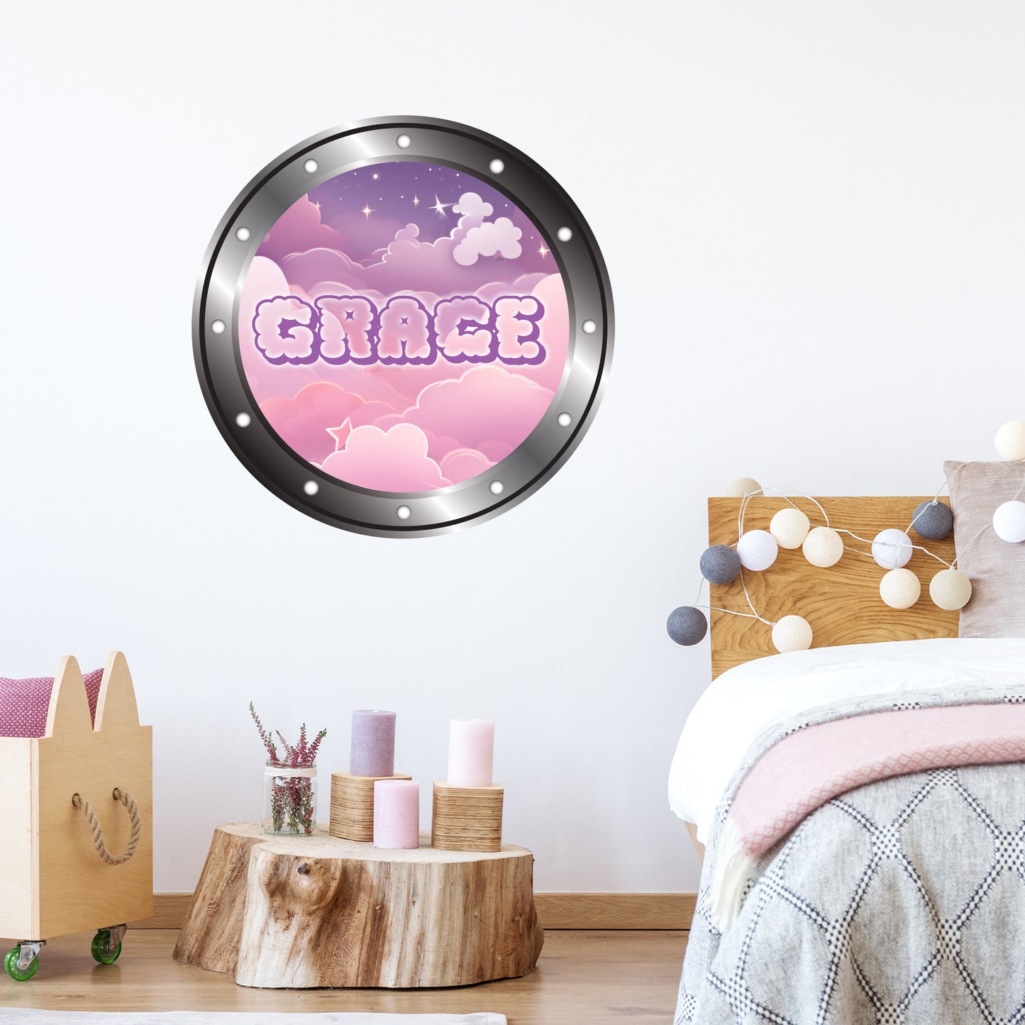 Porthole Wall Sticker - Pink Pastel Clouds Girls Personalised Wall Art