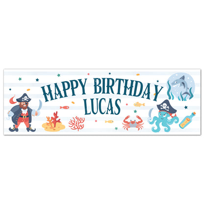 Pirate Birthday - Blue Stripes Cartoon Personalised Banner Wall Sticker