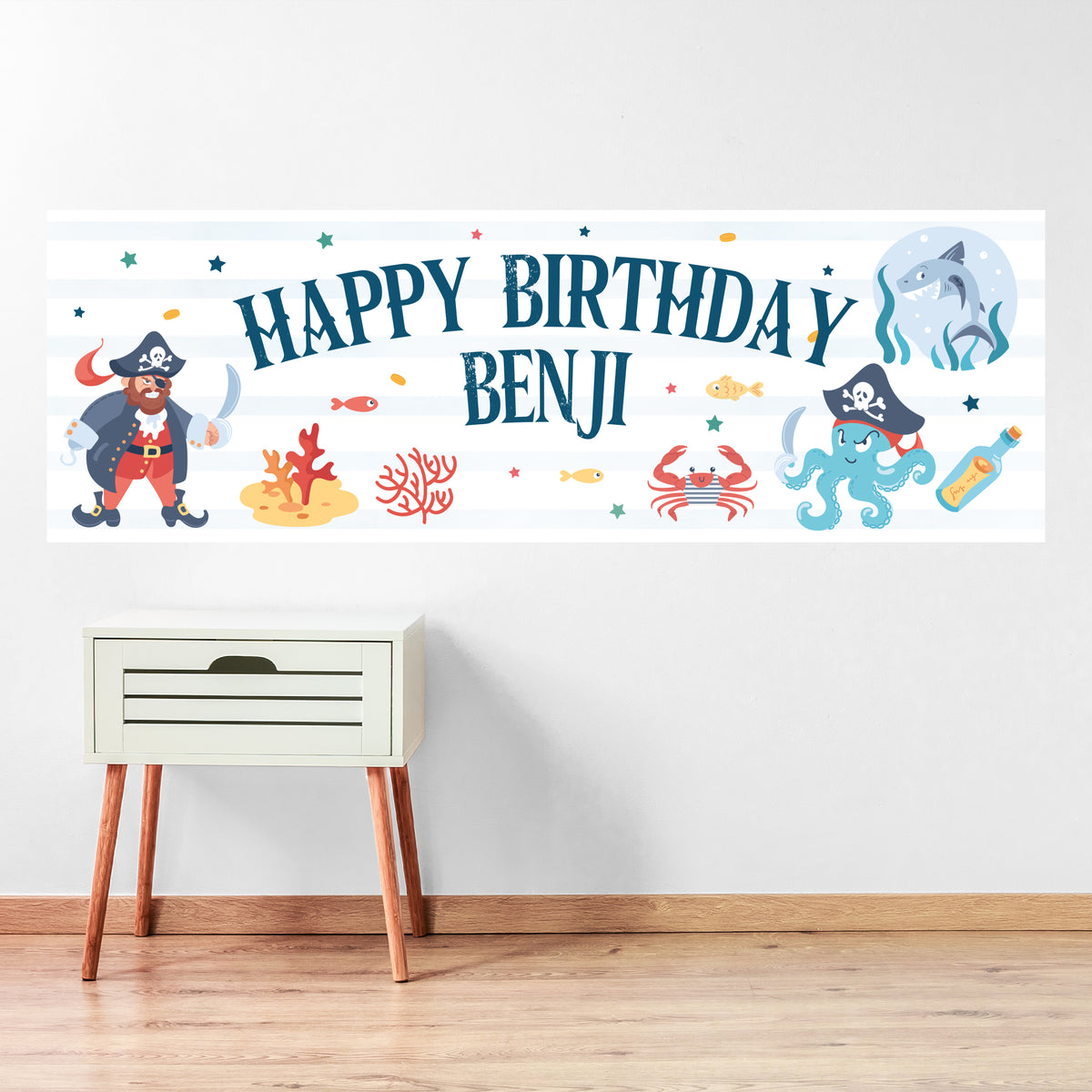 Pirate Birthday - Blue Stripes Cartoon Personalised Banner Wall Sticker