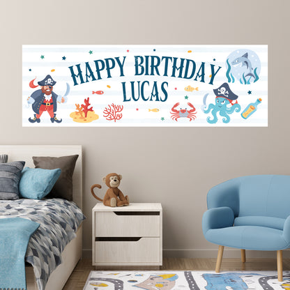 Pirate Birthday - Blue Stripes Cartoon Personalised Banner Wall Sticker