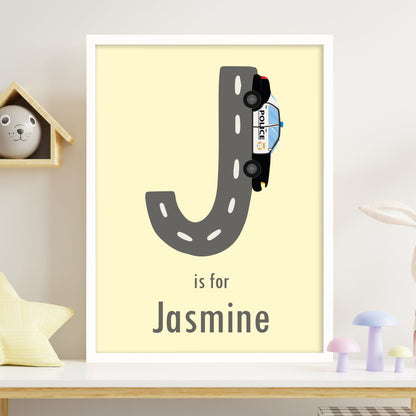 Emergency Services Print - Police Car Letter And Name Personalised Poster Wall Art