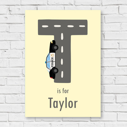 Emergency Services Print - Police Car Letter And Name Personalised Poster Wall Art