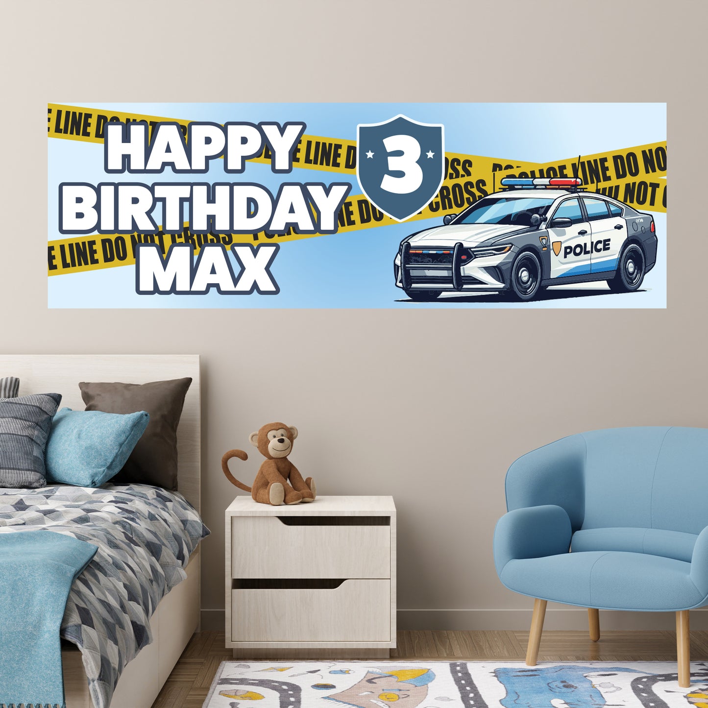Police Birthday - Police Car And Police Tape Personalised Name Banner Wall Sticker