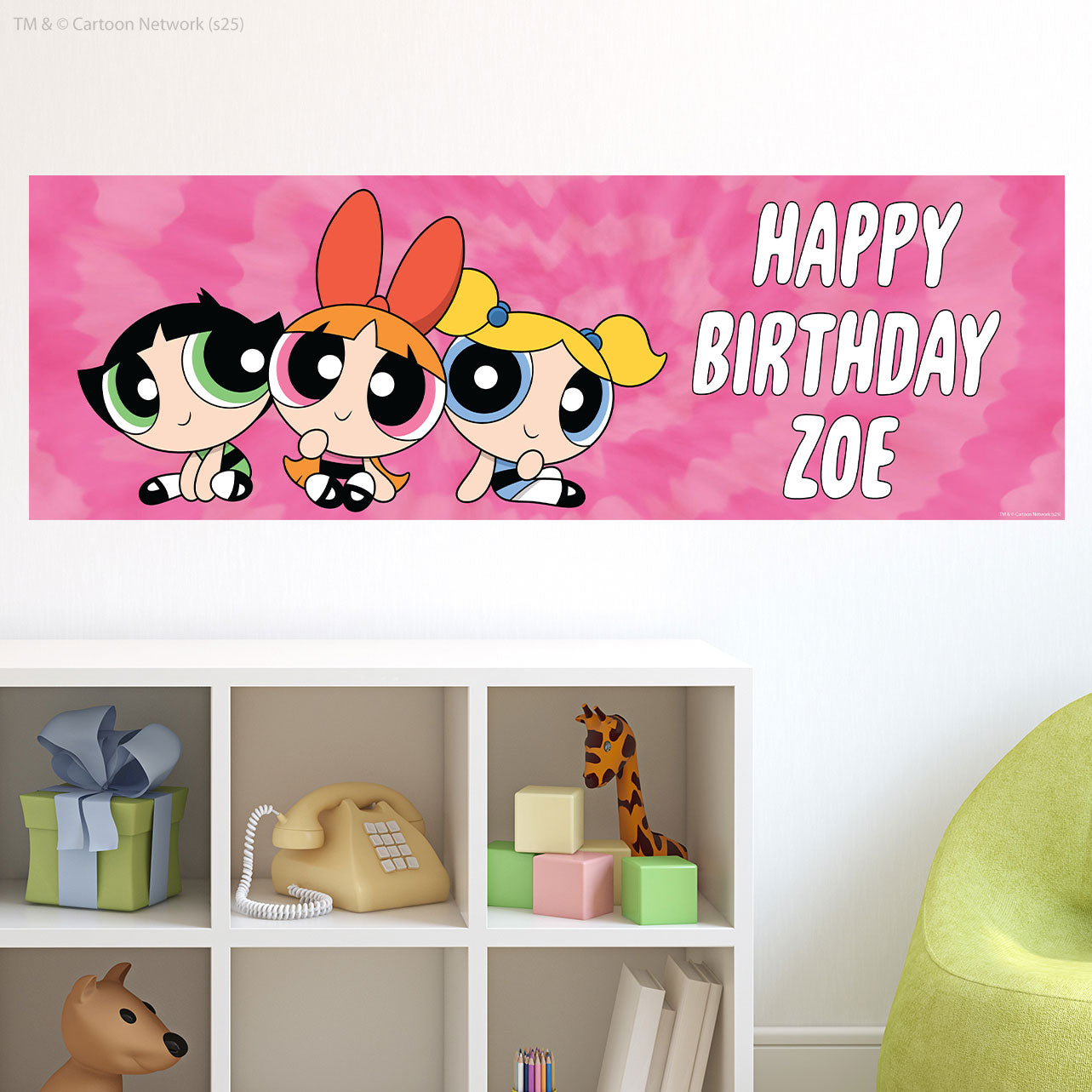 Powerpuff Girls Birthday - Trio Pink Personalised Name Banner Wall Sticker