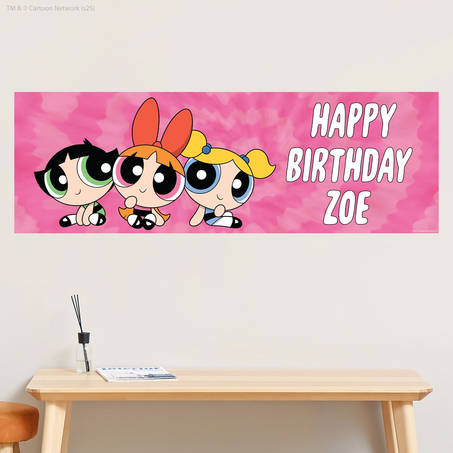 Powerpuff Girls Birthday - Trio Pink Personalised Name Banner Wall Sticker