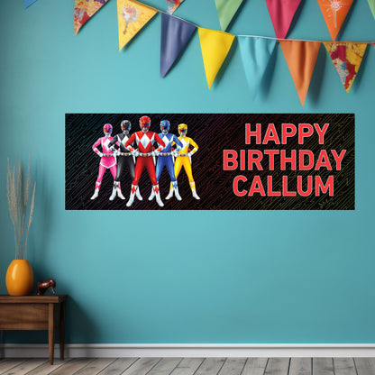 Power Rangers Birthday - Group Black Personalised Banner Wall Sticker