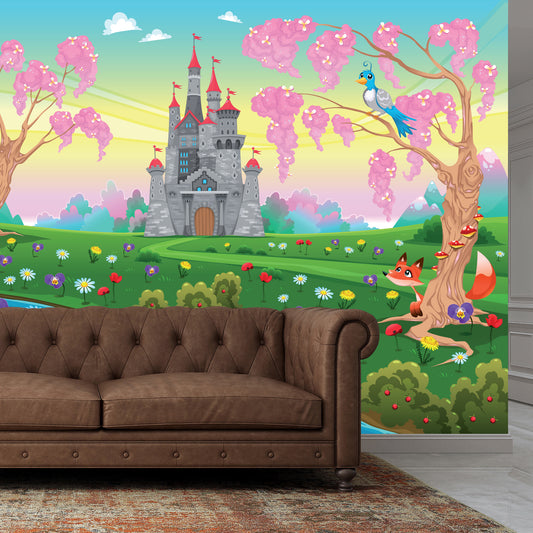 Princess Full Wall Mural - Castle Stream Flowers Wall Art