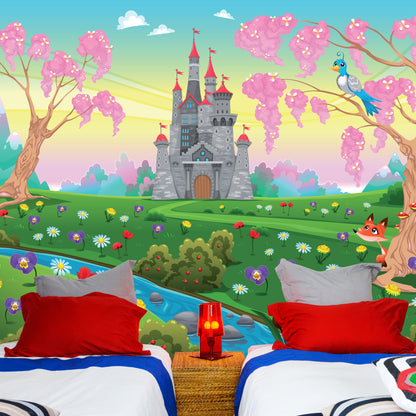 Princess Full Wall Mural - Castle Stream Flowers Wall Art