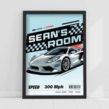 Race Car Print - Sports Car Checkered Flag Personalised Name Poster Wall Art