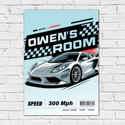 Race Car Print - Sports Car Checkered Flag Personalised Name Poster Wall Art