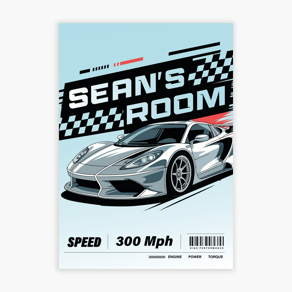 Race Car Print - Sports Car Checkered Flag Personalised Name Poster Wall Art