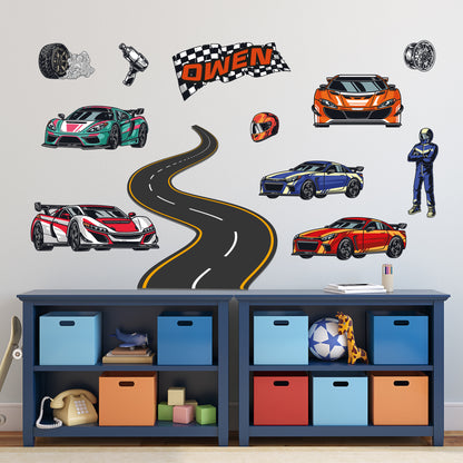 Race Car Wall Sticker - 5 Sports Car With Driver Personalised Name Decal Set Wall Art
