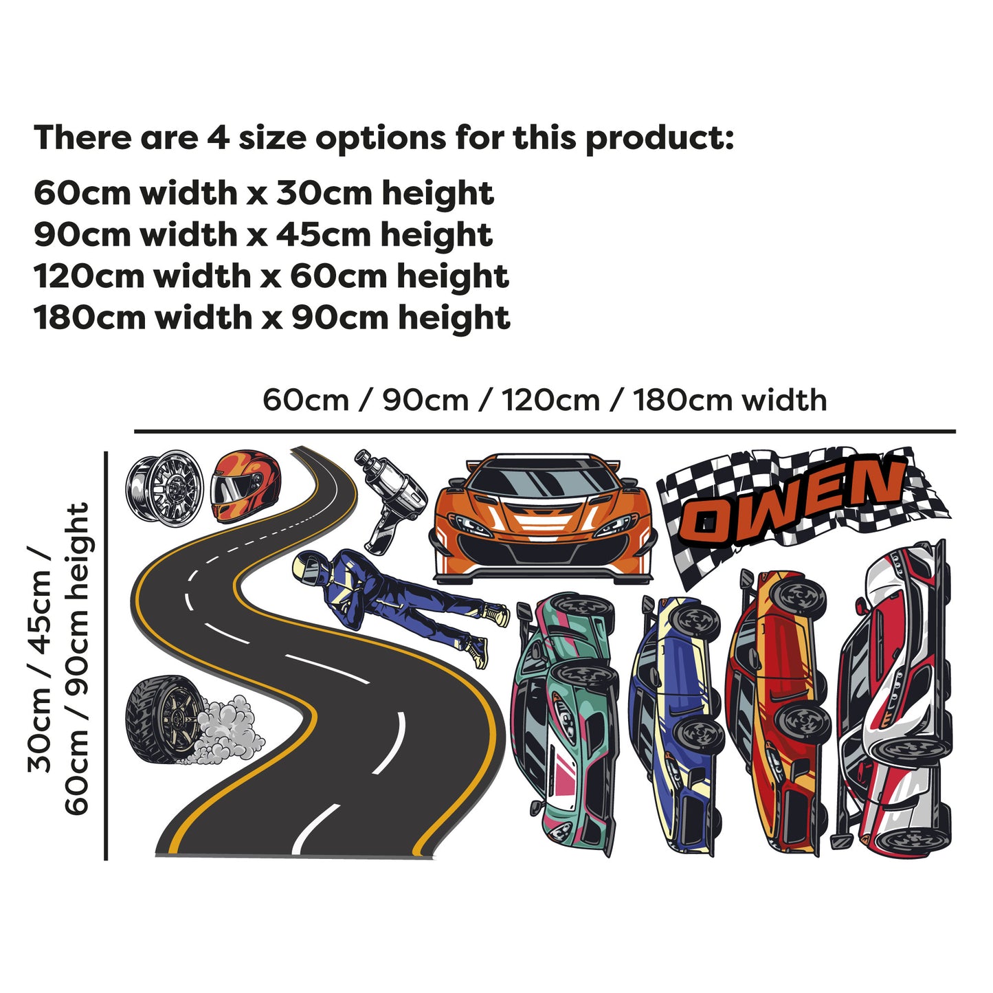 Race Car Wall Sticker - 5 Sports Car With Driver Personalised Name Decal Set Wall Art