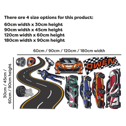 Race Car Wall Sticker - 5 Sports Car With Driver Personalised Name Decal Set Wall Art