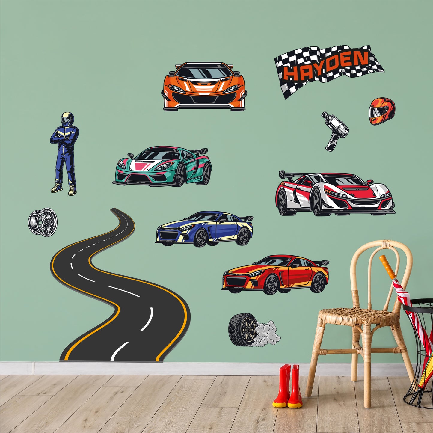 Race Car Wall Sticker - 5 Sports Car With Driver Personalised Name Decal Set Wall Art