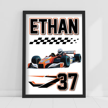 Race Car Print - Orange Race Car Name And Number Personalised Wall Art