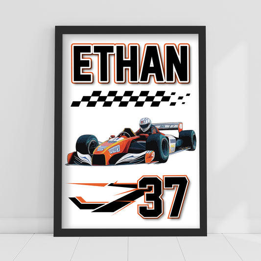 Race Car Print - Orange Race Car Name And Number Personalised Wall Art