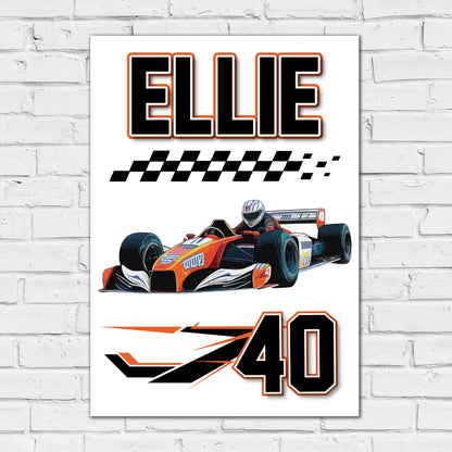 Race Car Print - Orange Race Car Name And Number Personalised Wall Art
