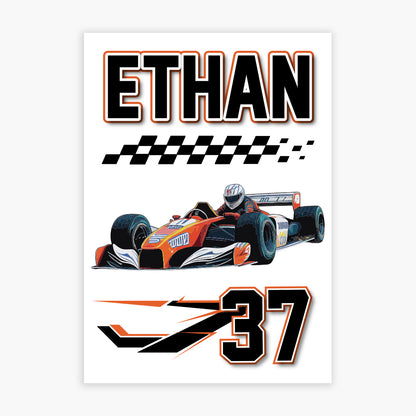 Race Car Print - Orange Race Car Name And Number Personalised Wall Art
