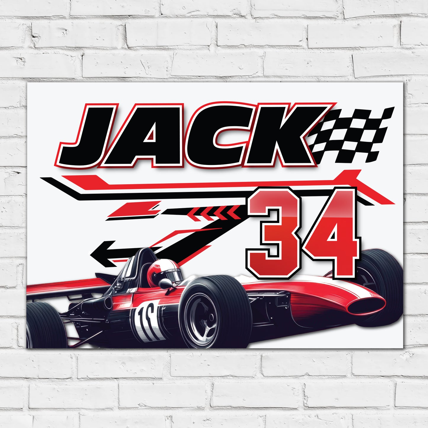 Race Car Print - Red Race Car Name And Number Personalised Wall Art