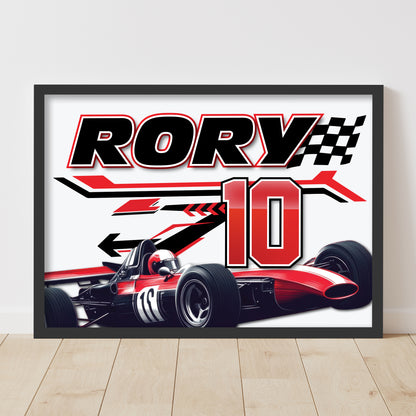 Race Car Print - Red Race Car Name And Number Personalised Wall Art